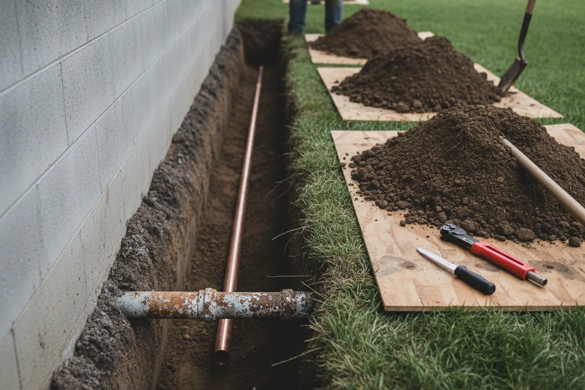 Excavated water line trench during Water Heater Repair in Westwood